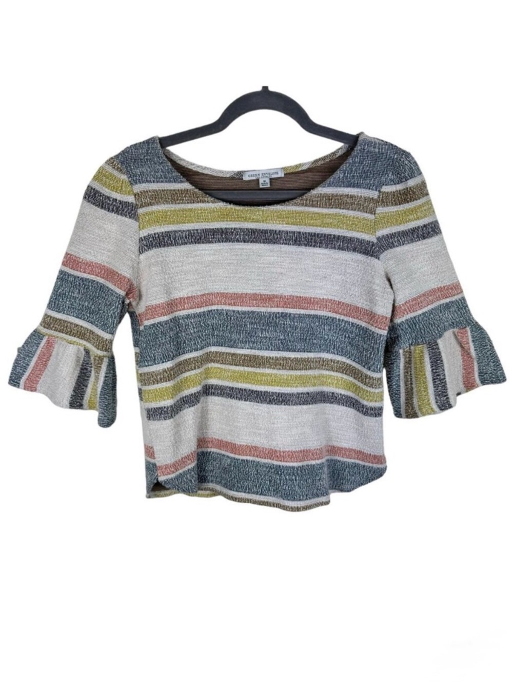 Green‎ Envelope Terry Cloth Striped Neutral Pastel 3/4 Bell Sleeve Knit Top Sz M